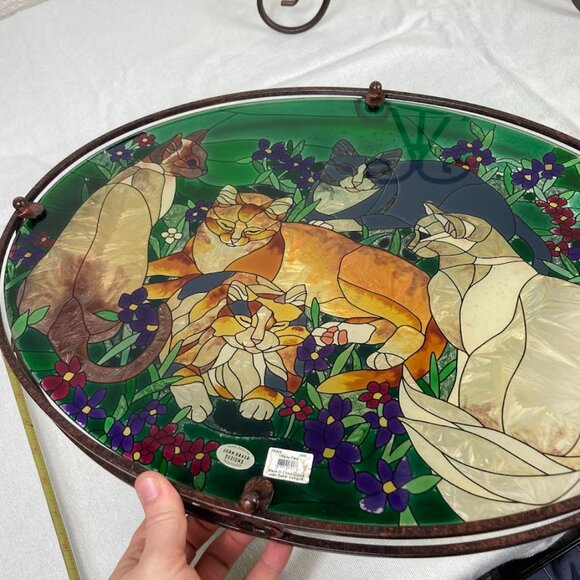 Joan Baker Designs Painted Glass Cat Tray w/ Metal Stand Faux Stained Glass - Picture 7 of 9